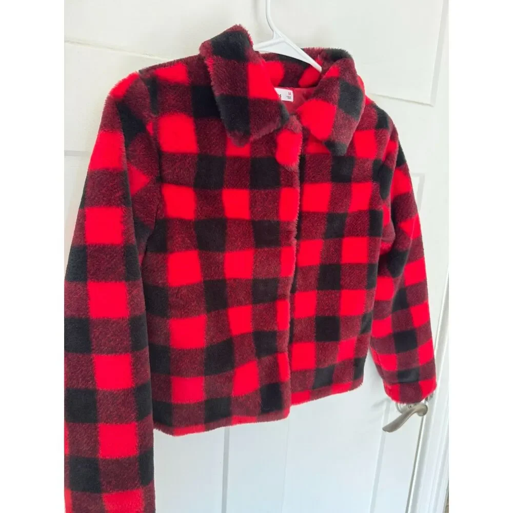 Epic Threads Girls M 7/8 Faux Fur Jacket Red Black Buffalo Plaid Plush Cozy Soft